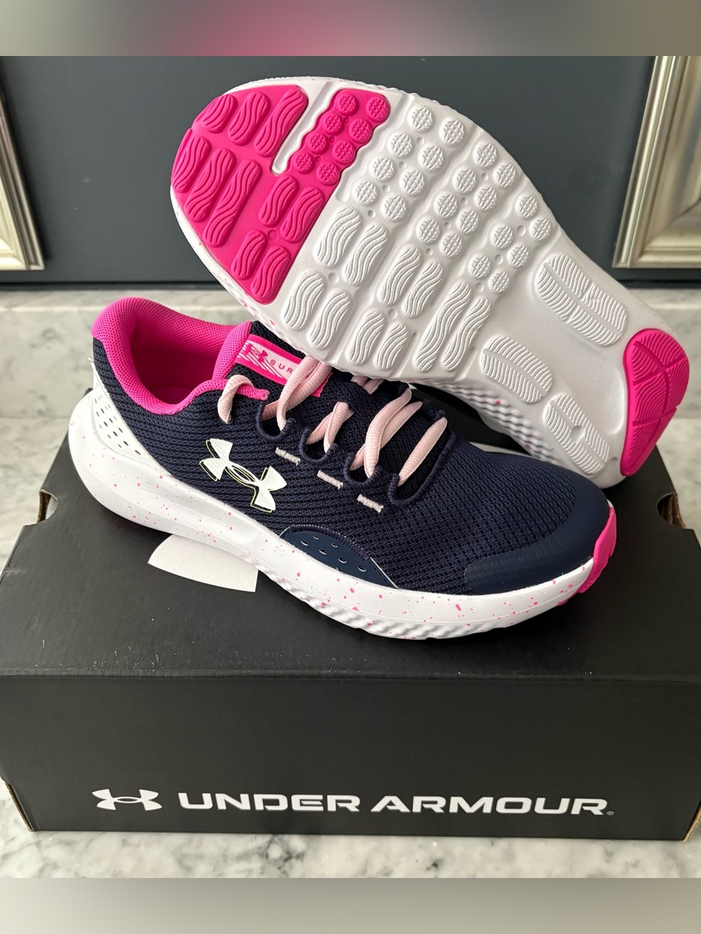Under Armour Surge 4 Big Kids' Running Shoes Pink Navy Girl Youth 6 Lace Up